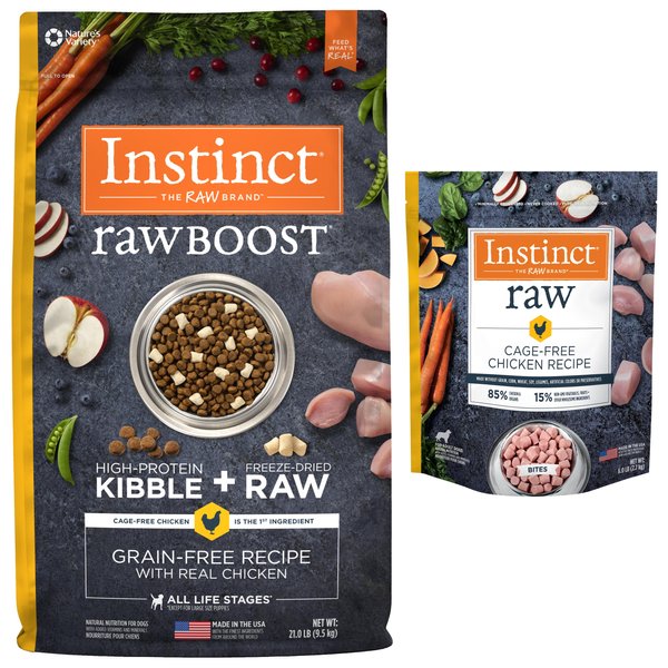 Instinct Raw Boost Recipe with Real Chicken & Freeze-Dried Raw Pieces Dry Food + Frozen Raw Bites Cage-Free Chicken Recipe Dog Food slide 1 of 9