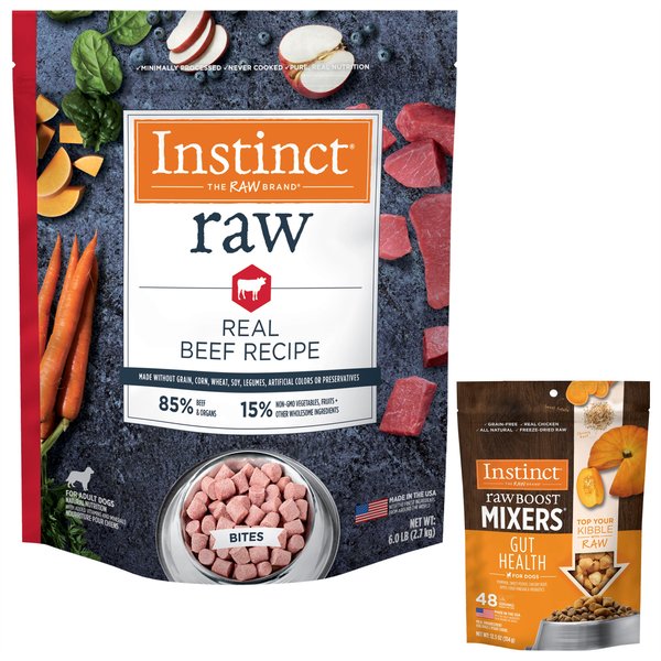 Instinct Frozen Raw Bites Real Beef Recipe Food + Freeze-Dried Raw Boost Mixers Gut Health Recipe Dog Food Topper slide 1 of 9