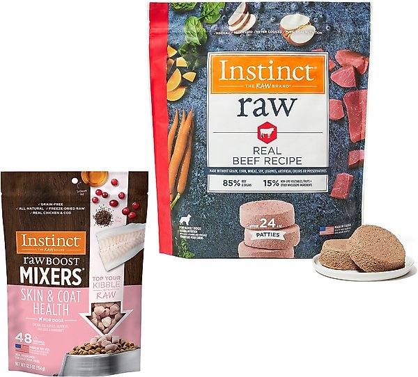 Instinct Frozen Raw Patties Real Beef Recipe Food + Freeze-Dried Raw Boost Mixers Skin & Coat Health Recipe Dog Food Topper slide 1 of 9