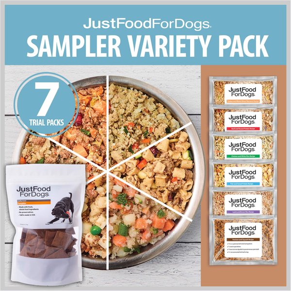 JustFoodForDogs Sampler Variety Box Frozen Fresh Food + Pumpkin Dehydrated Dog Treats slide 1 of 7