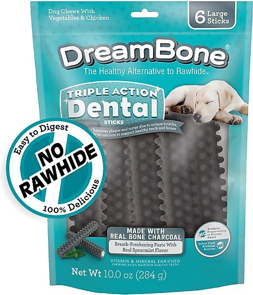 DreamBone Triple Action Dental Sticks Charcoal Dog Dental Treat, 10-oz bag, 6 count slide 1 of 9