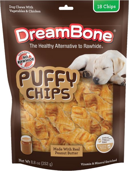 DreamBone Puffy Chips Peanut Butter Dog Rawhide Treat, 8.8-oz bag, 18 count slide 1 of 8