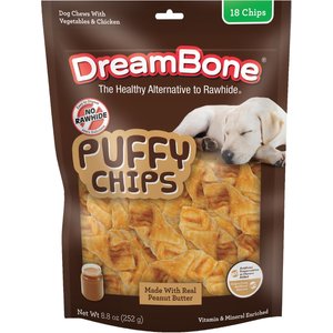 DreamBone Puffy Chips Peanut Butter Dog Rawhide Treat, 8.8-oz bag, 18 count