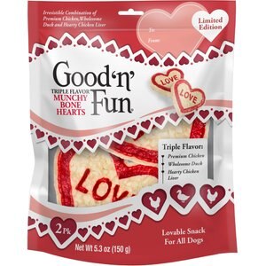 Good 'n' Fun Triple Flavor Munchy Bone Hearts Rawhide Dog Treat, 2 count