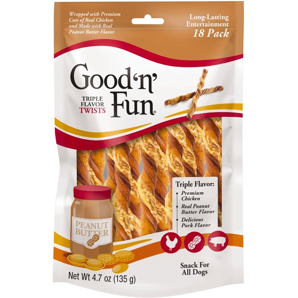 GOOD 'N' FUN Triple Flavor Peanut Butter Twists Dog Rawhide Treat, 4.7