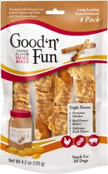 Good 'n' Fun Triple Flavor Peanut Butter Small Rolls Dog Rawhide Treat, 4.2-oz bag, 4 count