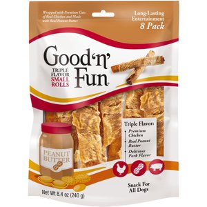 Good 'n' Fun Triple Flavor Peanut Butter Small Rolls Dog Rawhide Treat, 8.4-oz bag, 8 count