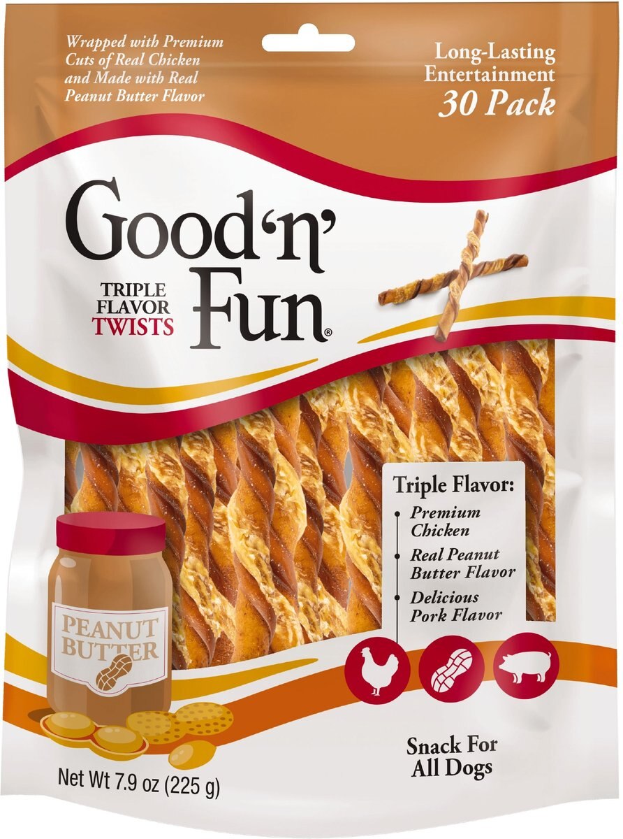 GOOD 'N' FUN Triple Flavor Peanut Butter Twists Dog Rawhide Treat, 7.9