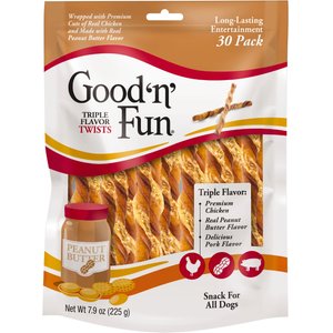 Good 'n' Fun Triple Flavor Peanut Butter Twists Dog Rawhide Treat, 7.9-oz bag, 30 count