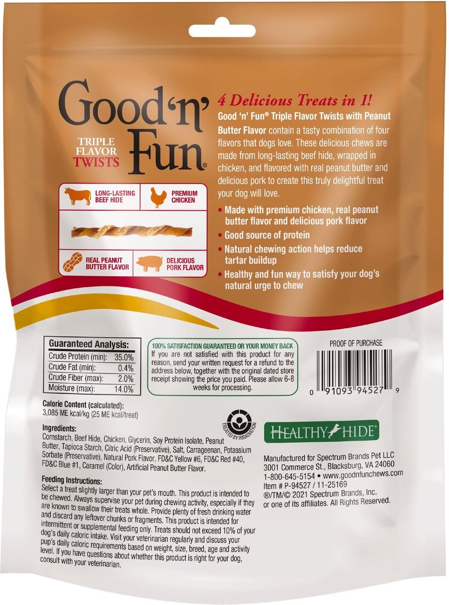 GOOD 'N' FUN Triple Flavor Peanut Butter Twists Dog Rawhide Treat, 7.9