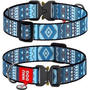 WAUDOG Nylon Metal-Fastex Buckle dog collar with QR passport, Etno Blue, XX-Large