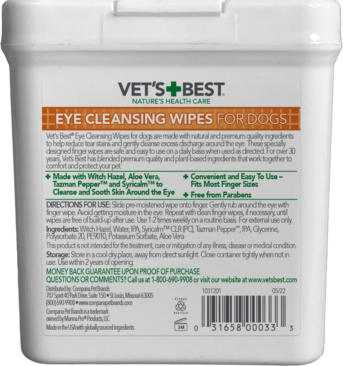 Vet's Best Aloe Vera & Witch Hazel Eye Cleansing Wipes for Dogs, 50 Count