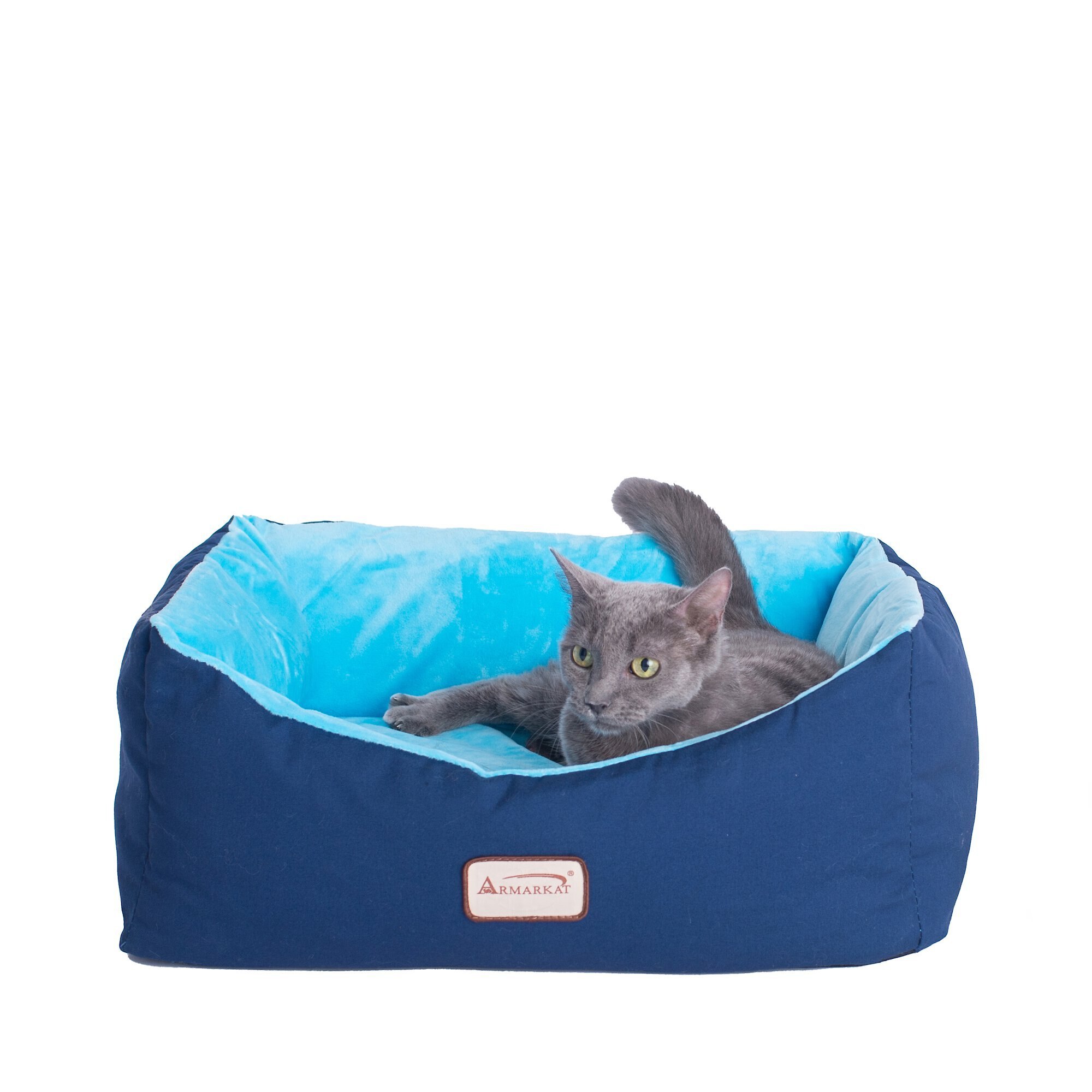 ARMARKAT Bolster Cat & Dog Bed w/Removable Cover, Navy Blue/Sky Blue