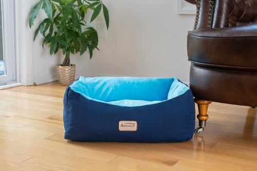 Show full view: Armarkat Bolster Cat & Dog Bed with Removable Cover, Navy Blue/Sky Blue slide 4 of 10