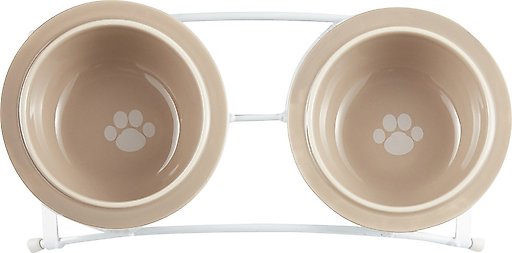 PetRageous Designs Toftee's Paws Double Diner Elevated Pet Bowls, Taupe