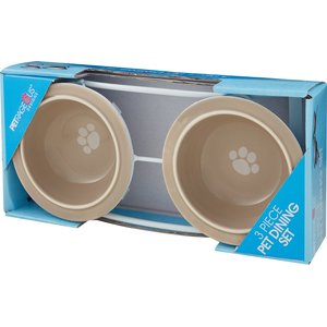 PetRageous Designs Toftee's Paws Double Diner Elevated Pet Bowls, Taupe