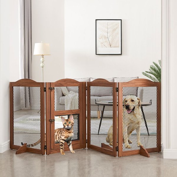 UNIPAWS 4 Panel Wire Mesh Dog & Cat Gate with Small Pet Door, Walnut