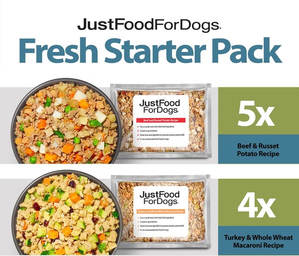 JustFoodForDogs Fresh Starter Pack Frozen Human-Grade Fresh Dog Food, 5.5-oz pouch, Case of 9 slide 1 of 10