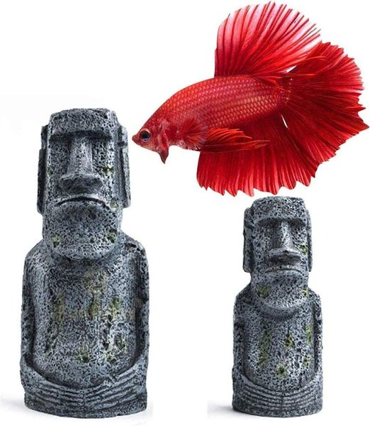 SunGrow Betta Fish Moai Easter Island Head Aquarium Ornament, 2-pack, 7-in & 5-in slide 1 of 6