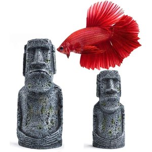 SunGrow Betta Fish Moai Easter Island Head Aquarium Ornament, 2-pack, 7-in & 5-in