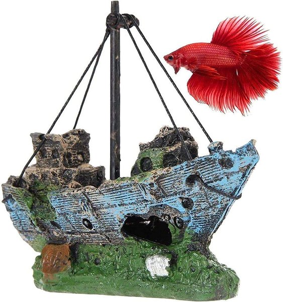 SUNGROW Betta Shipwreck Resin Boat Aquarium Ornament & Fish Tank Decor 