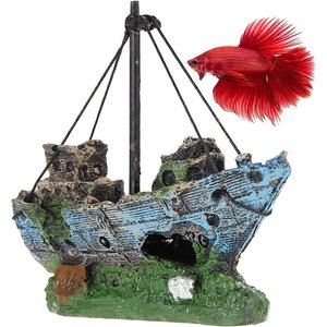 SunGrow Betta Shipwreck Resin Boat Aquarium Ornament & Fish Tank Decor