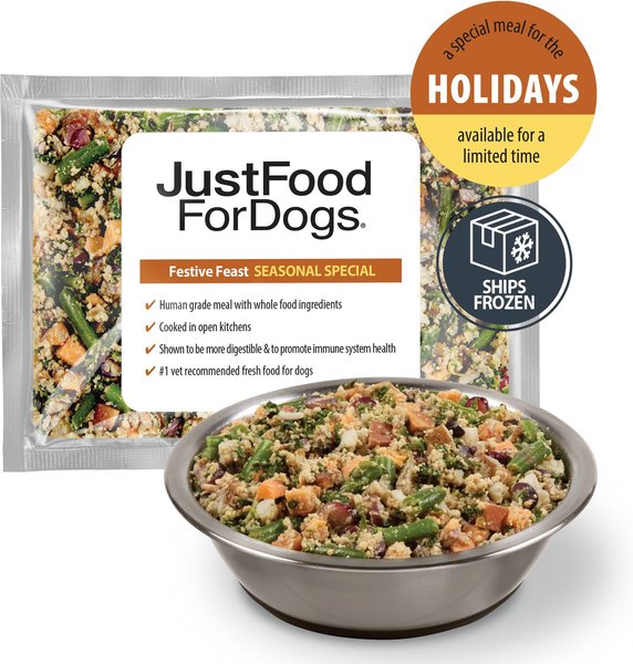 JustFoodForDogs Festive Feast Seasonal Special Grain Free Frozen Fresh Dog Food 18 oz pouch case of 4