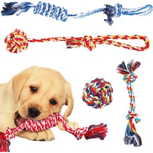 SunGrow Tug of War Cat & Dog Rope Pull Toy for Boredom & Stimulating, Dental Chew Teething Knot, 5 count 