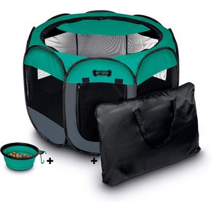 Ruff 'N Ruffus Portable Foldable Cat & Dog Playpen, Carrying Case, & Travel Bowl, Aqua, Medium