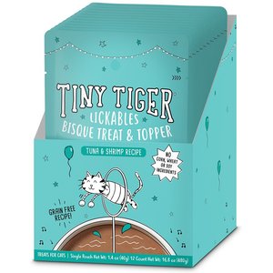 Tiny Tiger Lickables, Tuna & Shrimp Recipe, Bisque Cat Treat & Topper, 1.4-oz pouch, case of 24