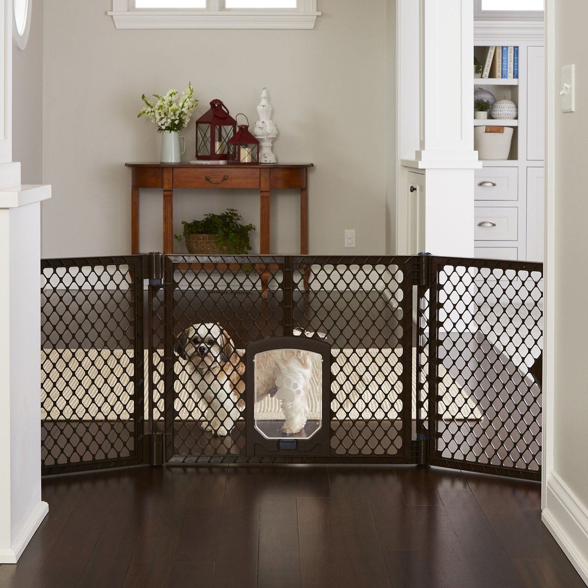 MYPET Extra Wide Cat & Dog Gate with Pet Door, Brown