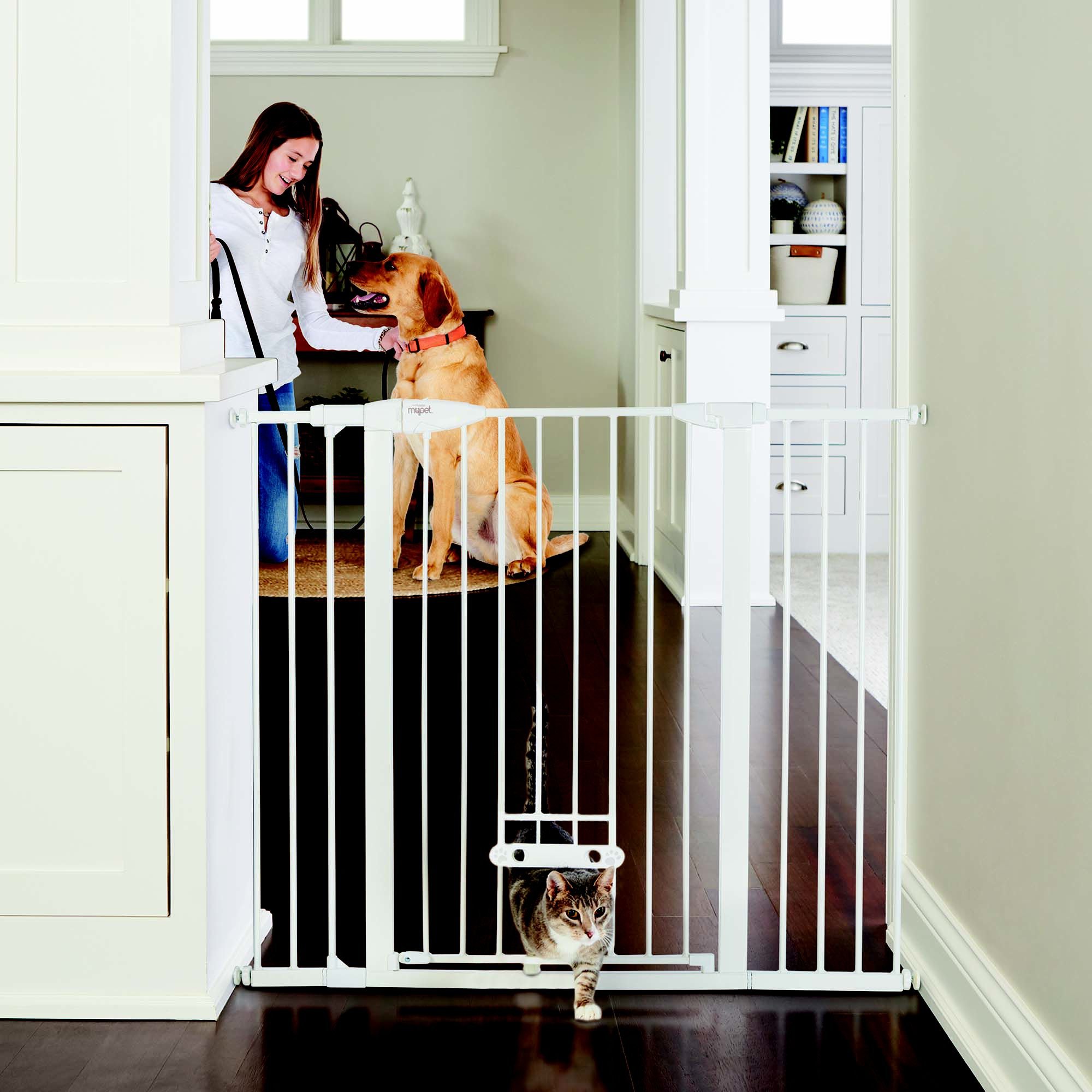 MYPET Extra Tall & Wide Walk Thru Easypass Cat & Dog Gate, White