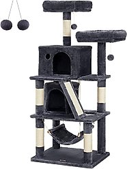 FEANDREA 61-in Tower Cat Tree with 2 Cat Caves & Hammock, Large, Smoky Gray