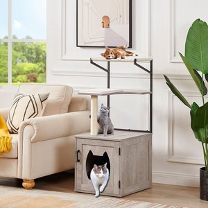 Unipaws Corner Box Enclosure with Cat Tree Tower Cat Litter, Weathered Grey, Medium