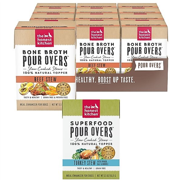 The Honest Kitchen Bone Broth POUR OVERS Beef Stew + Superfood Turkey Stew with Veggies Wet Dog Food Topper slide 1 of 9