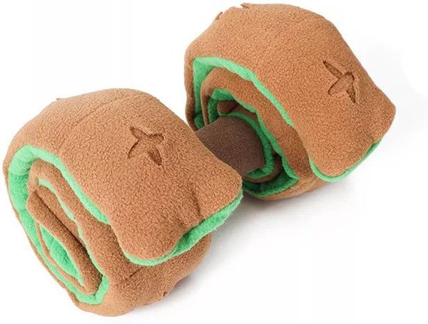 EYS Retractable Treat Dispensing Plush Dumbbell Interactive Dog Toy, Brown/Green  slide 1 of 5