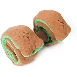 EYS Retractable Treat Dispensing Plush Dumbbell Interactive Dog Toy, Brown/Green 