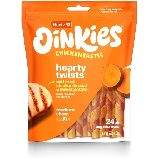 HARTZ Oinkies Chickentastic Hearty Twists Natural Chew Dog Treats, 24 count