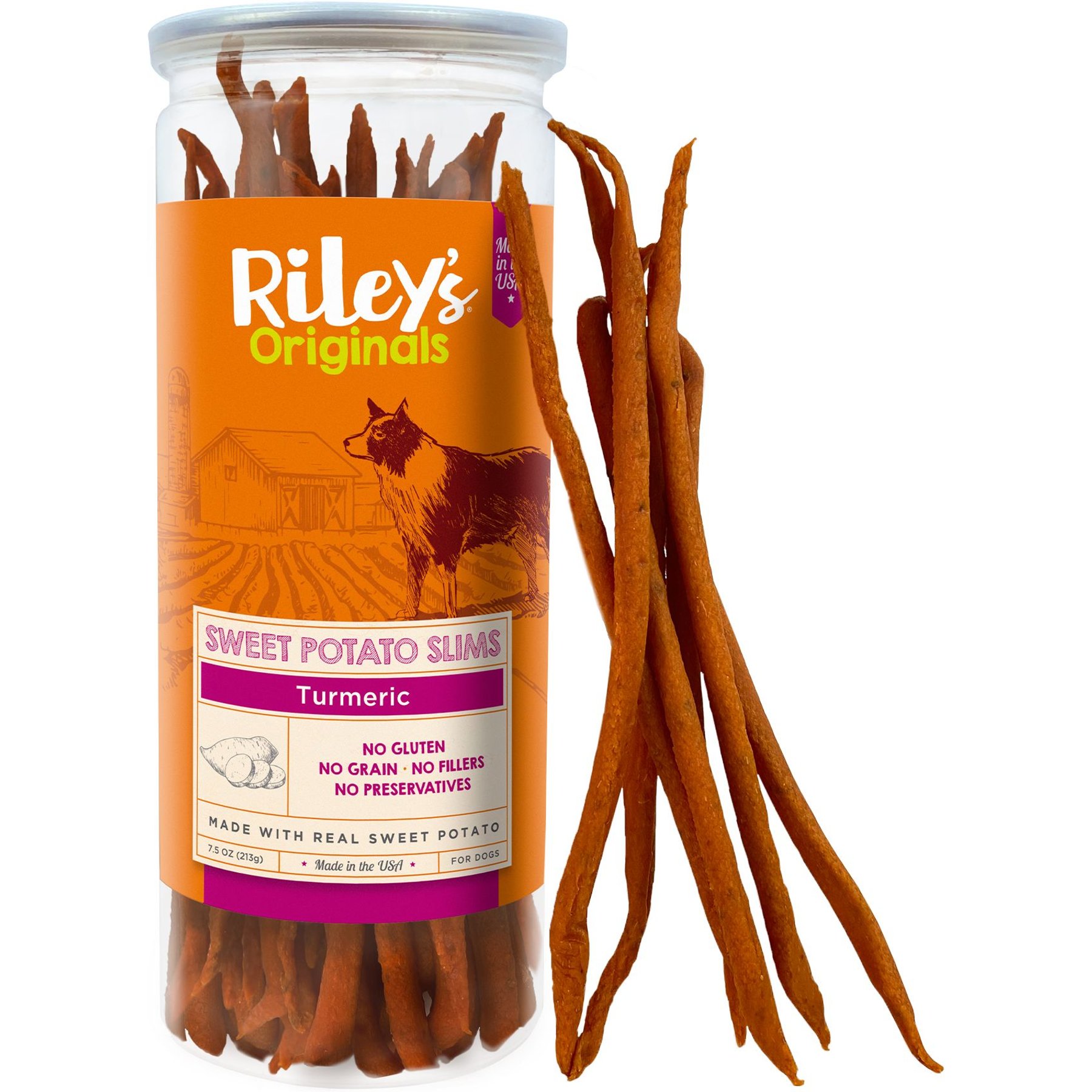 Riley's Slims Dried Sweet Potato with Turmeric Dog Treats, 7.5-oz jar