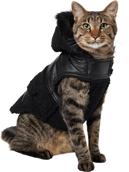 Frisco Medium Weight Faux Leather Dog & Cat Parka with Faux Fur Trimmed Hood, Black, Small slide 1 of 7