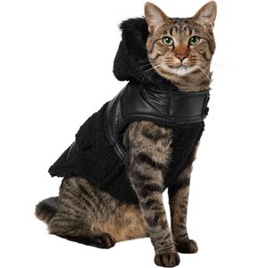Frisco Medium Weight Faux Leather Dog & Cat Parka with Faux Fur Trimmed Hood, Black, Small