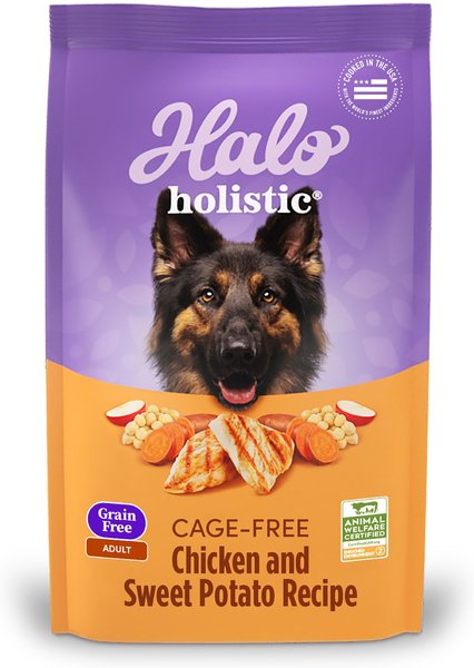 Halo Holistic Complete Digestive Health Grain Free Chicken Sweet Potato Dog Food Recipe Adult Dry Dog Food