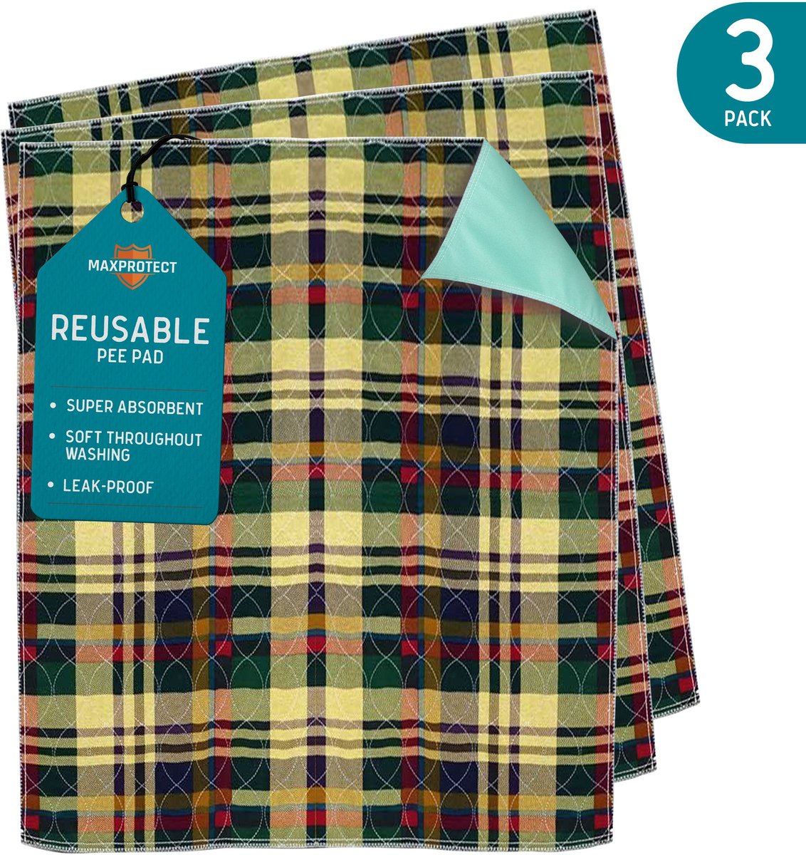 Chew + Heal Max Protect Tartan Plaid Patterned Reusable Dog Pee Pads, 18-in