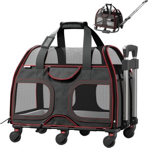 Katziela Luxury Rider Pro Removable Wheels & Double Telescopic Handle Cat & Dog Carrier, Black & Red