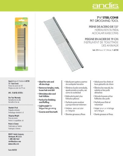 Andis Steel Pet Comb, 7.5-in