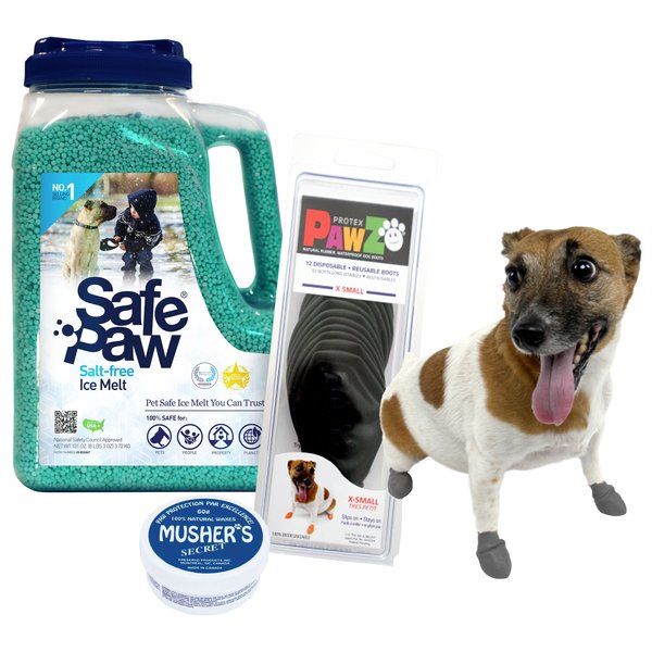 Winter Paw Protection Starter Kit - Safe Paw Ice Melt, Musher's Secret Paw Protection Wax, Pawz Dog Boots, X-Small slide 1 of 9