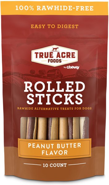 True Acre Foods Rawhide-Free Rolled Sticks Peanut Butter Flavor Dog Treats, 10 count slide 1 of 9