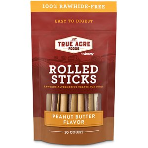 True Acre Foods Rawhide-Free Rolled Sticks Peanut Butter Flavor Dog Treats, 10 count