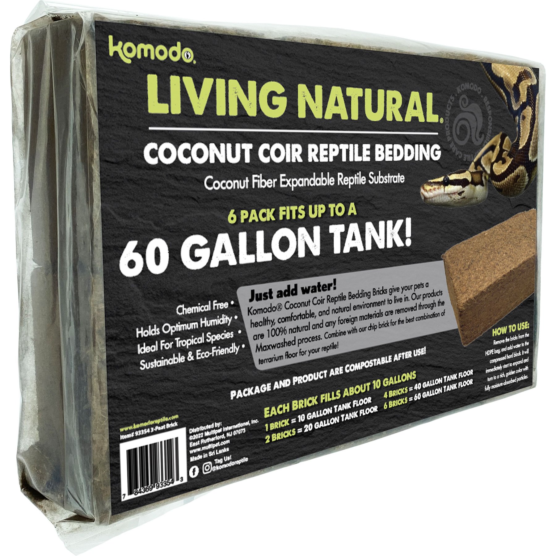 KOMODO Coir Peat Reptile Bedding, Brown, 6-gal, 6 count, 