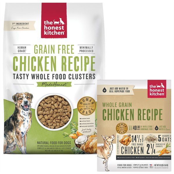 The Honest Kitchen Whole Grain Chicken Recipe Dehydrated Food + Chicken Whole Food Clusters Dry Dog Food slide 1 of 9